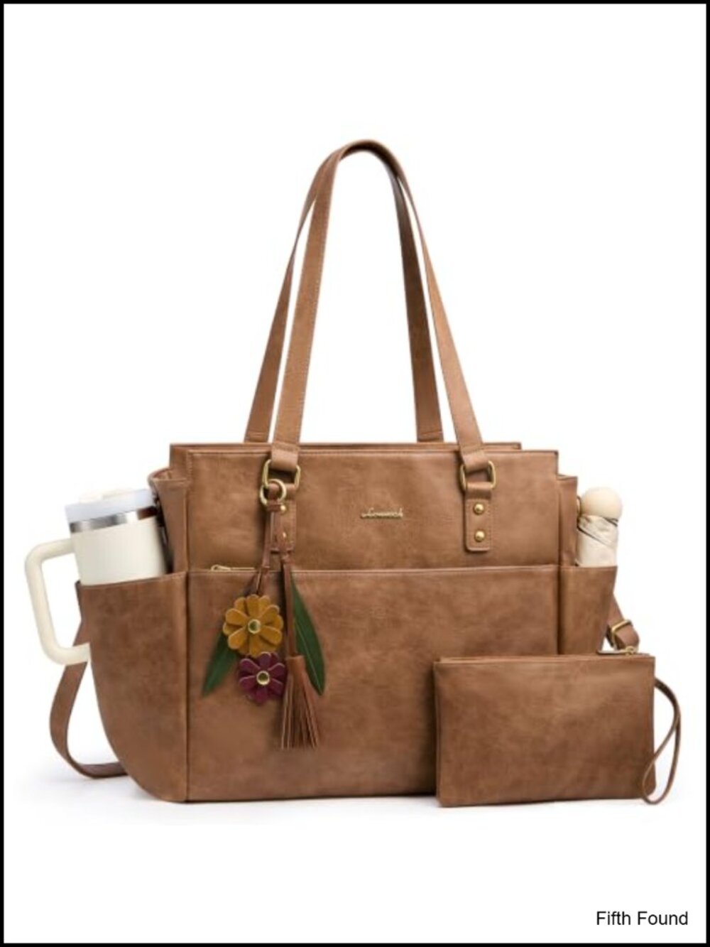 Vintage Laptop Tote Bag with Clutch, Faux Leather